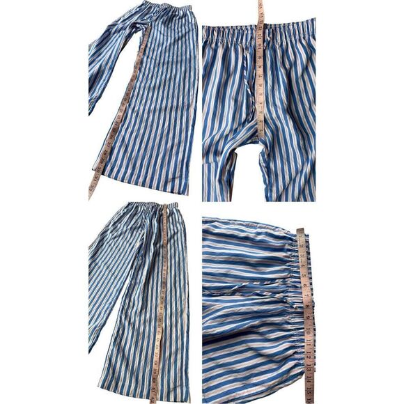 Bershka tie waist wide leg linen look trousers in blue & pink stripe Size M - Picture 9 of 9
